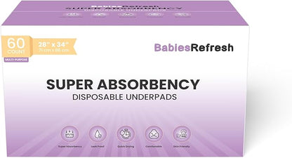 60 Count Super Absorbency Large 28" X 34" Disposable Underpads, Leakproof Quick Drying for Multi-use for Babies, Puppy Pads and Adults, Chucks, Disposable Diaper Changing Pad for Baby, Blue