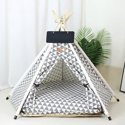 Stylish Pet Teepee Tent with Removable Cushion, Foldable Cat & Dog Tent House with Solid Wood Frame for Indoor Use (Multiple Patterns & Sizes)(M,M)