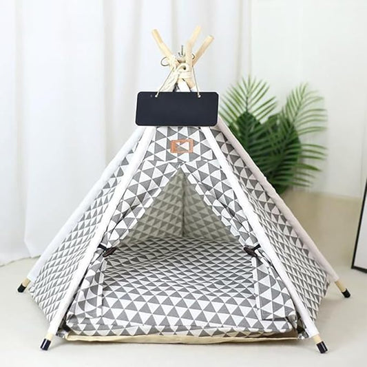 Stylish Pet Teepee Tent with Removable Cushion, Foldable Cat & Dog Tent House with Solid Wood Frame for Indoor Use (Multiple Patterns & Sizes)(M,M)
