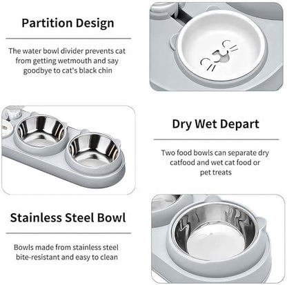 Marchul 3 in 1 Cat Bowl, Cat Food and Water Bowl Set with Water Dispenser and Stainless Steel Bowls, 15° Tilted Pet Raised Three Bowls for Indoor Cats, Small or Medium Sized Dogs，(Light Gray)
