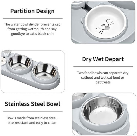 Marchul 3 in 1 Cat Bowl, Cat Food and Water Bowl Set with Water Dispenser and Stainless Steel Bowls, 15° Tilted Pet Raised Three Bowls for Indoor Cats, Small or Medium Sized Dogs，(Light Gray)