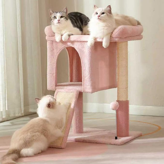 Pink Cat Tree Tower for Large Cats with Large Top Bed 20x13.8”Private Cat Condo,Sisal Scratching Post and Ramp and Self Groomer and Spring Ball-Pink