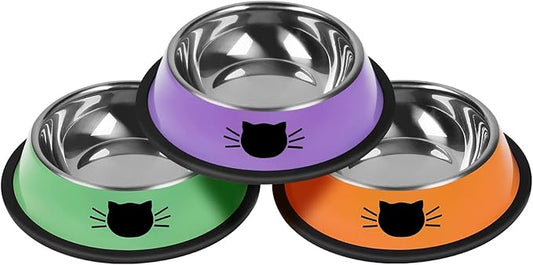 3 Pcs Non-Slip Stainless Steel Small Cat Food Bowls - Unbreakable, Thicken 7 Oz Cat Dishes - Indoor, Removable Rubber Base, Easily Clean, Lovely Color