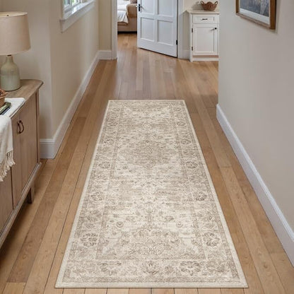 Washable Runner Rug 2x6 for Hallway Beige Neutral Vintage Long Carpet Soft Low Pile Non Slip Throw Rug Floral Distressed Accent Rug for Entryway Bathroom Office Laundry Dining Room
