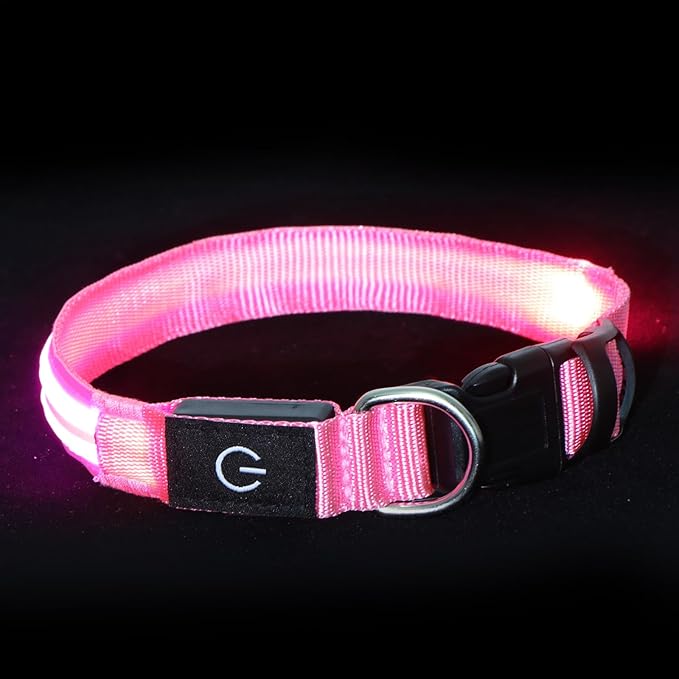 LED Light Up Dog Collar for Night Walking, Rechargeable Safety Glow Illuminated Collar with 3 Modes Flashing, Reflective Adjustable Pet Light for Small/Medium Dogs Puppy 15-19" Neck 1 Pack (Pink)