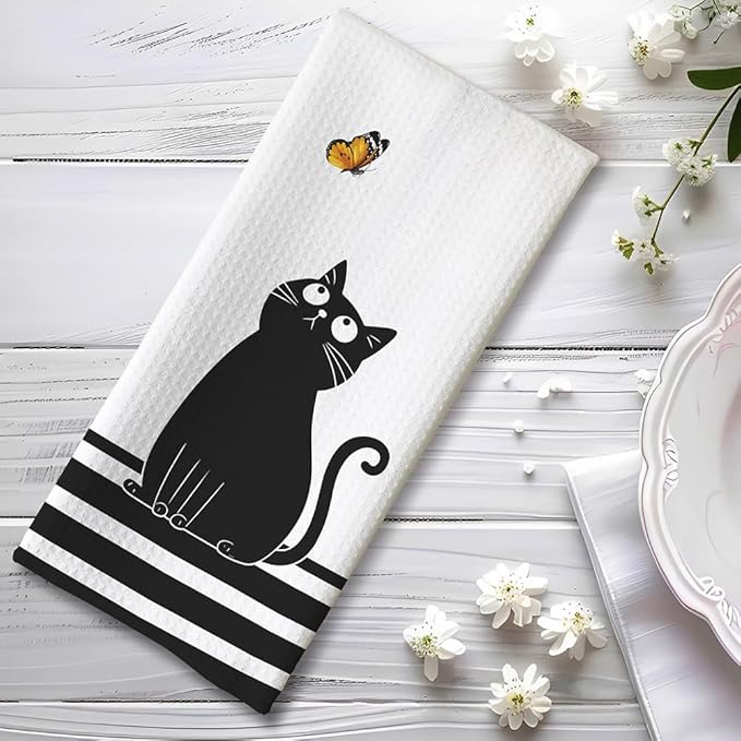Cat Kitchen Towels - Quick-Dry Black Feline Gathering Art with Butterfly Watcher, Decorative Hand Towel for Humorous Pet Moms | Kitchen Dish & Bathroom Towels Decorative, Crazy Cat Lady Gifts