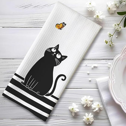 Cat Kitchen Towels - Quick-Dry Black Feline Gathering Art with Butterfly Watcher, Decorative Hand Towel for Humorous Pet Moms | Kitchen Dish & Bathroom Towels Decorative, Crazy Cat Lady Gifts