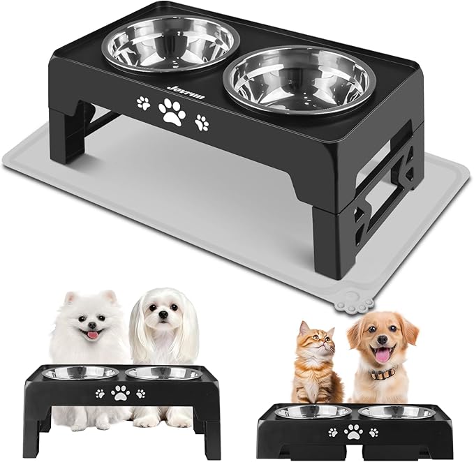 Elevated Dog Bowls with Mat for Small Dogs and Cats, Dog Feeder with 2 Thick 5.5" Stainless Steel Dishes, Non-Slip 2 Heights Adjustable to 2.6"-5.3"