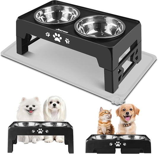 Elevated Dog Bowls with Mat for Small Dogs and Cats, Dog Feeder with 2 Thick 5.5" Stainless Steel Dishes, Non-Slip 2 Heights Adjustable to 2.6"-5.3"