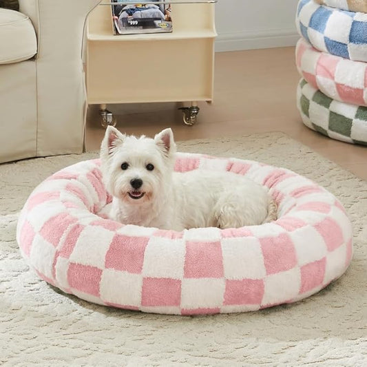 Checkered Dog Bed, Cute Girly Pink Retro Style Aesthetic Round Warming Pet Calming Beds for Small Dog and Cats, Plush Cozy Donut Dog Beds Washable, 30" L x 30" W x 8" Th