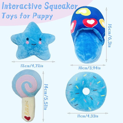 Dog Toys for Small Dogs, 4 Packs Cute Chew Toys for Puppy, Durable Soft Plush Small Dog Toys, Blue Stars Designs, Puppy Teething Toys