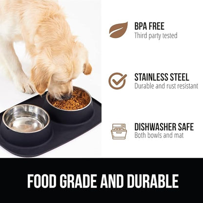 GORILLA GRIP Feeding Mat Set, Patent Pending 100% Waterproof BPA Free Silicone, Stainless Steel Cat and Dog Bowls, Slip Resistant, 1 Black mat/tray with 2 stainless steel bowls