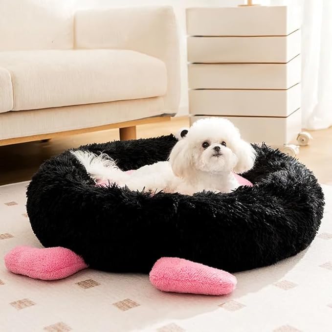 Calming Cat Bed for Anxiety - Cozy Donut Dog Bed with Warming & Machine Washable, Soft Faux Fur Plush Round Cushion for Small Medium Cats & Small Dogs, 21.6 Inches