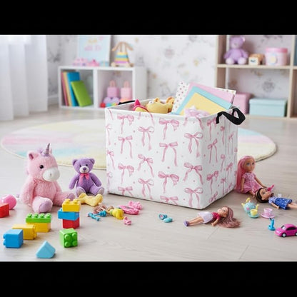 Rectangular Baby Kids Storage Basket for Home Kitchen Girls Cute Toy Storage Bin Organizer Shelf Book Room Decor(Dot Bowknot)