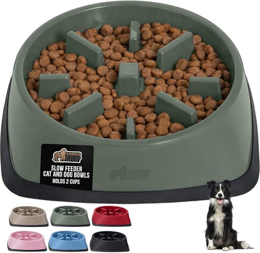 GORILLA GRIP Patented BPA Free Slow Feeder Dog Bowls, Interactive Puzzle Toy for Dogs and Cats Food Training Enrichment, Keeps Pets Busy and Prevents Puppy Overeating, All Breeds, 2 Cup, Sage Green