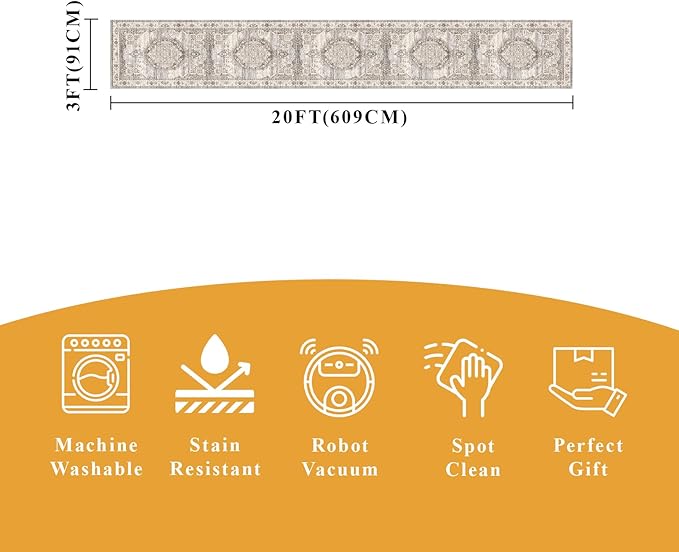 Washable 3x20 Extra Long Runners: Oriental Non-Slip Hallway Runner Rugs for Kitchen Dining Room Indoor Farmhouse Thin Entryway Mat Stain Resistant Soft Carpet for Living Room Bedroom (Beige,3x20)
