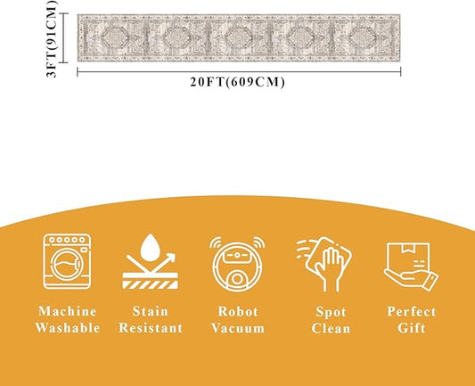 Washable 3x20 Extra Long Runners: Oriental Non-Slip Hallway Runner Rugs for Kitchen Dining Room Indoor Farmhouse Thin Entryway Mat Stain Resistant Soft Carpet for Living Room Bedroom (Beige,3x20)