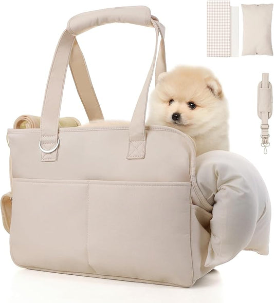 Dog Purse Carrier for Small Dogs & Puppies Up 12 Lbs, Soft Cotton Tote Pet Shoulder Bag with Pockets, Foldable & Washable Breathable Puppy Carrier for Yorkie, Chihuahua & Cats - Beige