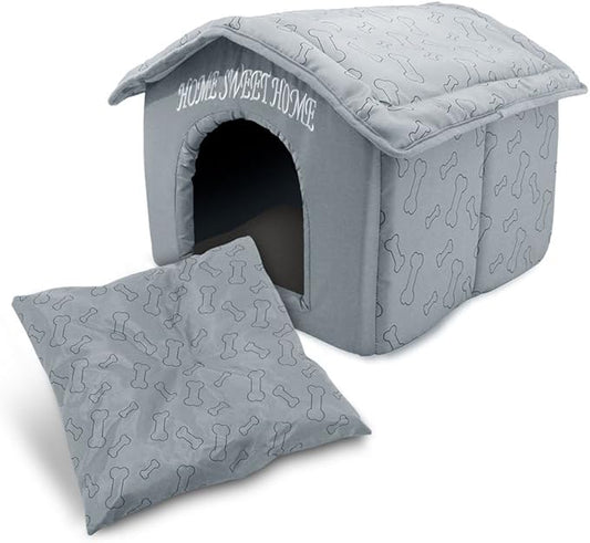 Best Pet Supplies Dog House Bed Crate Mat Tent Indoor Round Soft Plush for Small, Medium, and Large Breeds - Silver w/Bones, 16 x 16 x 14"