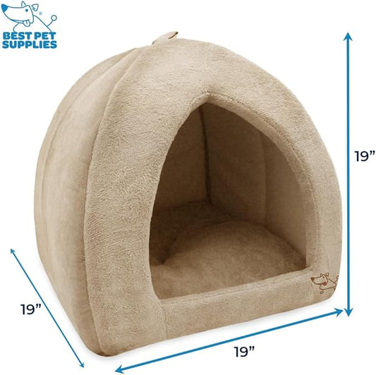 Best Pet Supplies Cat Bed for Indoor Cat, Domed Tent House with Removable Pillow, Covered Cat Cave for Small Dog, Puppies and All Breeds of Cats - Tan, 19 x 19 x H:19"