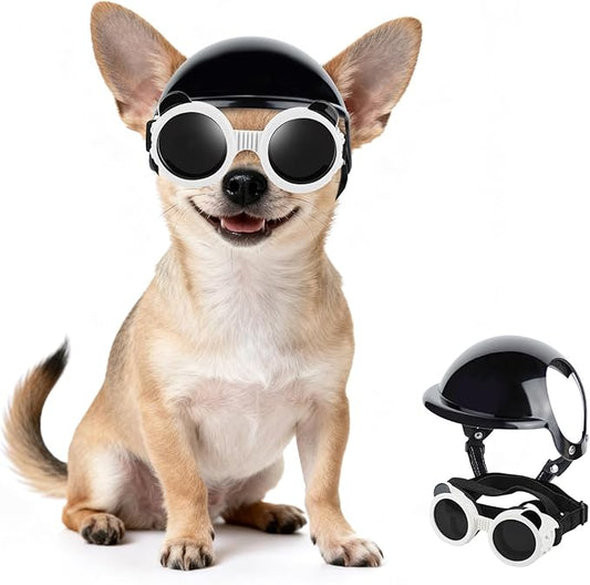 PETLESO Extra Small Dog Goggles and XSmall Dog Helmet, 2Pcs Anti-UV Doggy Sunglasses Cat Motorcycle Protecetive Helmet Set, Chihuahua Safety Hard Hat Outdoor Head & Eyes Protection, White XS