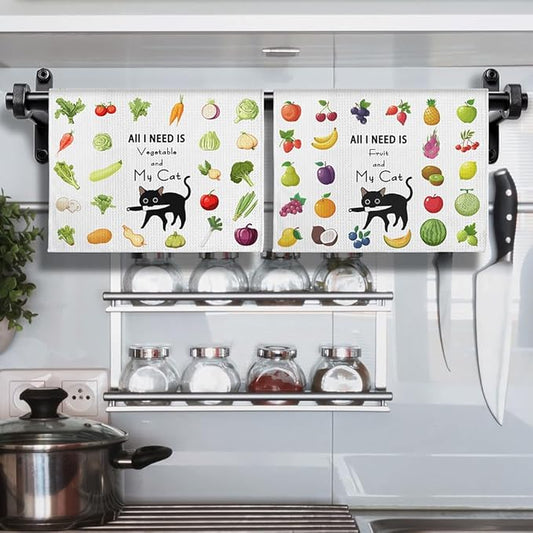 2-Pack Whimsical Veggie and Fruit Kitchen Towels Set-Quick-Drying Decorative Dish Towels with 'My Cat & Garden Harvest' Designs,Funny Animal Theme Hand Towels for Cooking,Purrfect Gifts for Cat Ladies