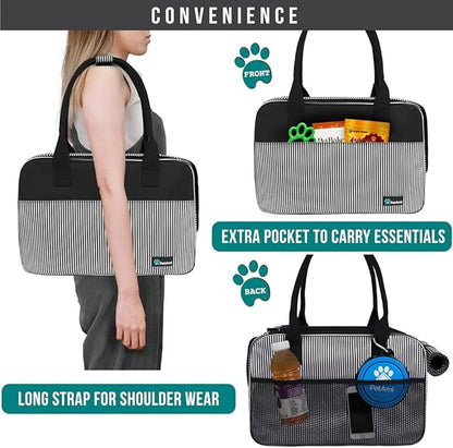 PetAmi Dog Purse Carrier for Small Dogs, Airline Approved Soft Sided Pet Carrier with Pockets, Ventilated Dog Carrying Bag for Puppy Cat, Dog Travel Supplies Bag, Sherpa Bed, Max 12 lbs, Stripe Black