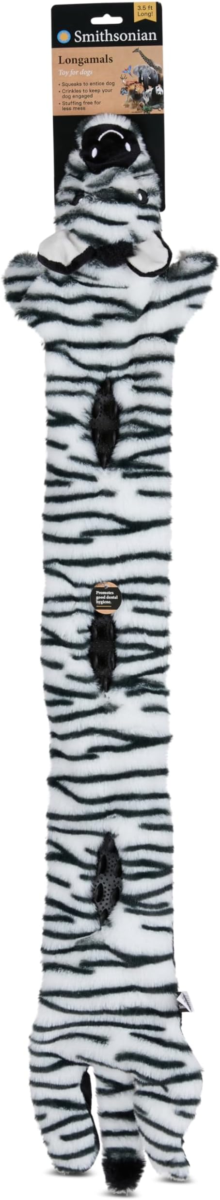 Smithsonian Longamals Zebra Plush Dog Toy – 40" Crinkle & Squeaky, Stuffing-Free Interactive Tug Toy for Medium & Large Dogs
