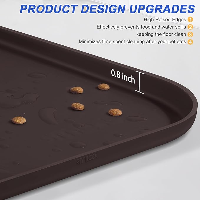 Silicone Pet Feeding Mat with Raised Edge for Food and Water, Dog Bowl Mats, Cat Bowls Placemat with High Lip for Floor Waterproof, Rubber Tray for Cats and Dogs 22 x 14 x0.8 Dark Brown