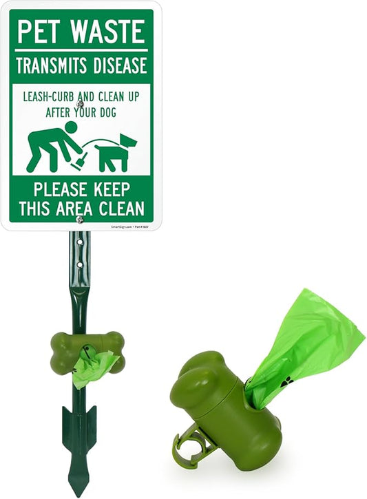 SmartSign Pet Waste Transmits Disease Leash/Curb/Clean Up Yard Sign & Clip-On Dispenser Combo/Kit, 7"x10" Aluminum Sign with 18-inch Steel Stake, Compact Dispenser Preloaded with a 15 Poop Bags Roll
