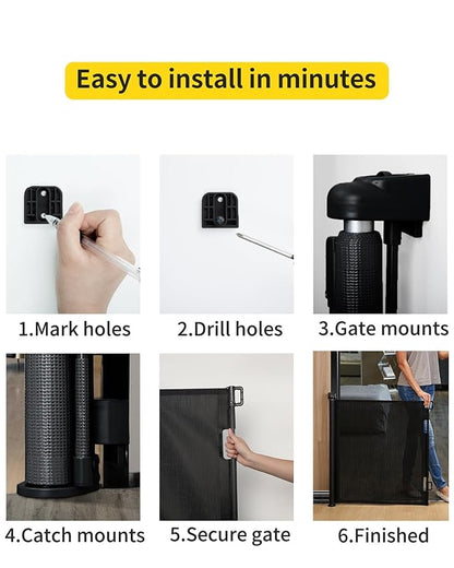 Retractable Baby Gate for Stairs – 33” Height, Expands up to 71” Width – Safety Gate for Infants, Toddlers, Dogs & Pets – Easy Install, Secure Closure, Black Mesh Design for Indoor & Outdoor Use