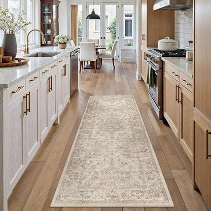Washable Runner Rug 2x6 for Hallway Beige Neutral Vintage Long Carpet Soft Low Pile Non Slip Throw Rug Floral Distressed Accent Rug for Entryway Bathroom Office Laundry Dining Room