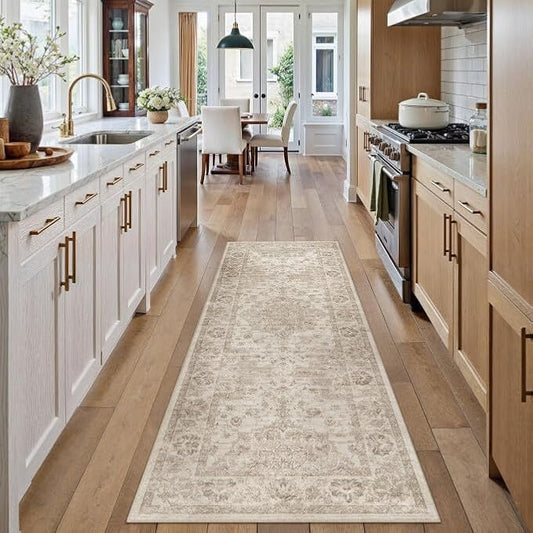 Washable Runner Rug 2x6 for Hallway Beige Neutral Vintage Long Carpet Soft Low Pile Non Slip Throw Rug Floral Distressed Accent Rug for Entryway Bathroom Office Laundry Dining Room