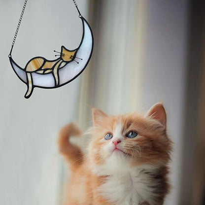 BOXCASA Stained Glass on Moon Cat Windown Hanging,Handcrafted Suncatcher Orange Cat Mom Gifts for Women,Daughter,Mothers Day,Christmas