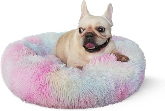 Calming Donut Dogs Beds for Small Dogs Washable,23inch Plush Round Pet Bed for Cozy Sleep,Fluffy Faux Fur Large Cat Bed,Fits up to 25 lbs Pets,Multi Colored