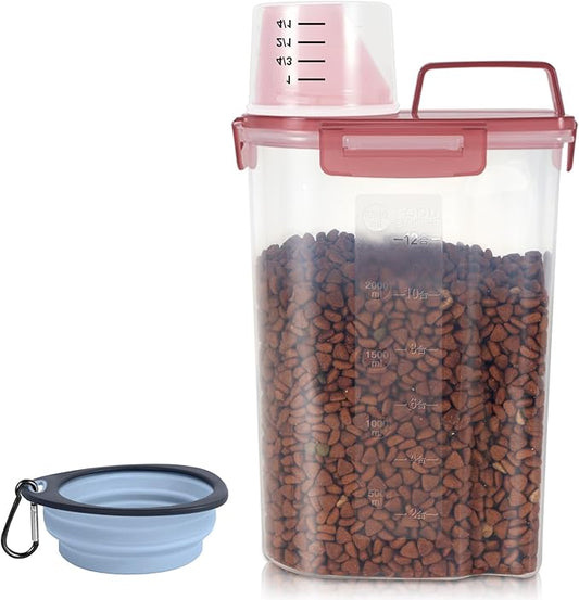 Airtight Small Cat Dog Pet Food Storage Containers BPA Free, with Large Pour Spout/1 Measuring Cup/ 4 Safety Locks and Double-layer Silicone Strip (Clear Pink, 3L-1pack)
