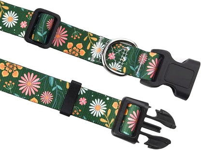 Dog Collar and Leash Set with Bohemia Floral Tribal Geometric Patterns - Soft Ethnic Style Collar Adjustable for Small Medium Large Dogs(Dark Green Flower Set,L)