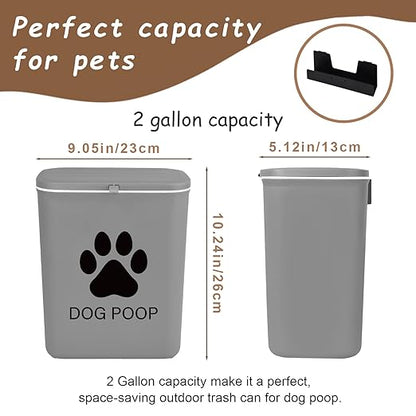 Dog Poop Trash Can Outside Hanging, 2 Gallon Wall Mount Dog Poop Trash Can with Trash Bag Dispenser, Small Pet Waste Bin with Lid, Hanging Pet Waste Disposal Container for Fence, Garbage, Outdoors