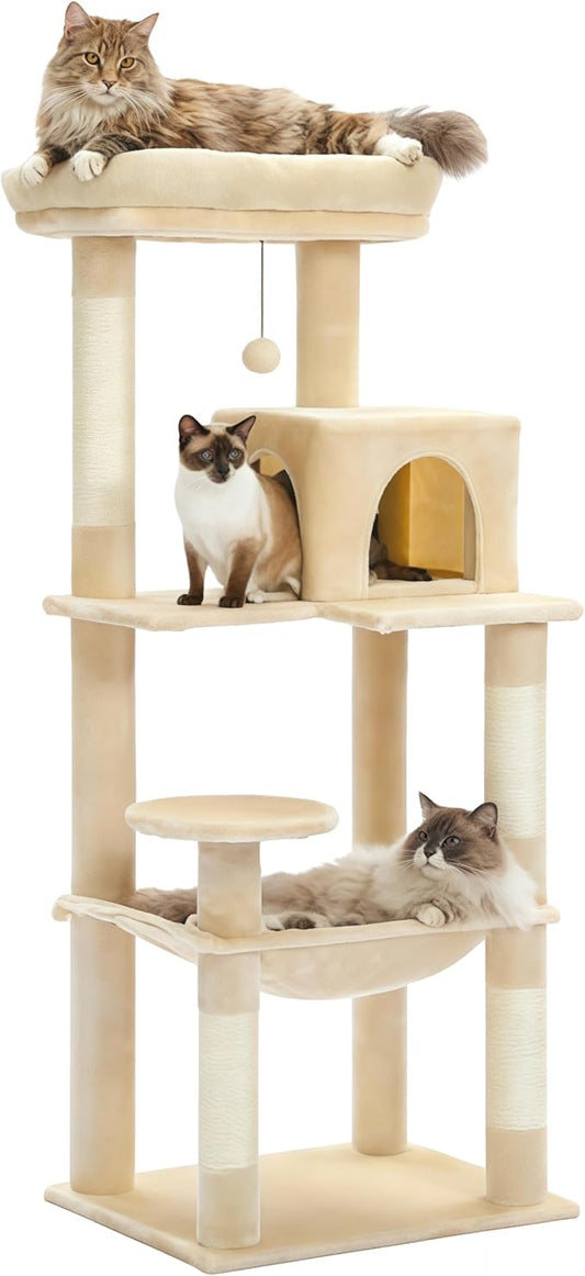 MUTTROS Cat Tree for Large Cats Adult with Metal Plush Big Hammock, 56.3" Cat Tower with 2 Door Condo House, 6-Tier Cat Shelves with Scratching Posts and Large Top Perch, Beige