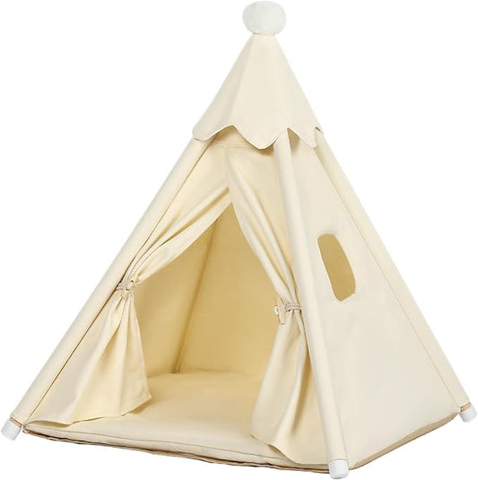 Large Cat & Small Dog Teepee Tent House (Int 26x26x26in/Ext 30x30x33in) for Ragdoll Cat, Mini Schnauzer, Welsh Corgi, Small French Bulldog, Cotton Canvas & Stable Frame