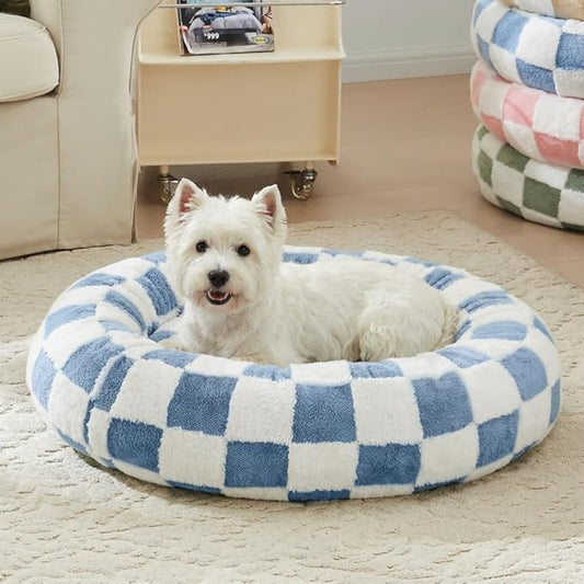 Checkered Dog Bed, Cute Blue Retro Style Aesthetic Round Warming Pet Calming Beds for Small Dog and Cats, Plush Cozy Donut Dog Beds Washable, 30" L x 30" W x 8" Th
