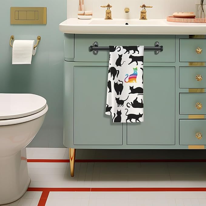 Funny Kitchen Towels - Rainbow Prismatic Feline Centerpiece Among Midnight Cat Flock, Empowering Decorative Hand Towel for Unique Cat Ladies & Nonconformist Pet Moms | Quick-Dry Novelty Dish Cloth