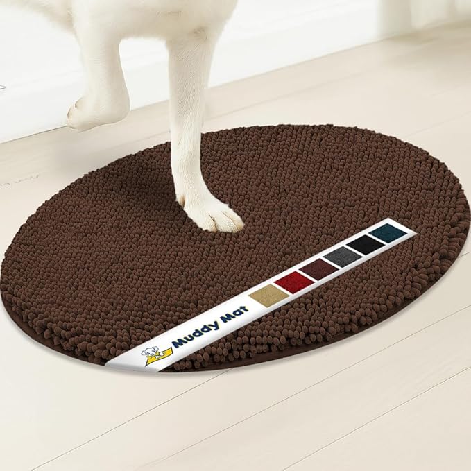Muddy Mat® Shown on TV – Super Absorbent Microfiber Dog Door Mat for Muddy Paws, Non-Slip Washable Pet Rug, Quick Dry Chenille Entryway Carpet,Machine Washable Indoor Outdoor Mat, Brown Oval 6ft x 9ft