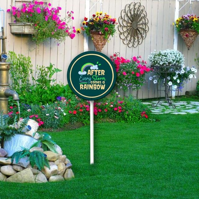 Uptell Metal Round After Every Storm Comes A Rainbow Inspiration Word Yard Sign 9.2x9.2 Inch Classic Outdoor Lawn Decorations, Protect Your Grass & Property,With Stake 12.8"