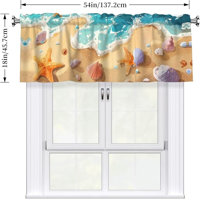 Beach Starfish Curtain Valance Short Rod Pocket Window Treatment for Living Room Bedroom Kitchen Bathroom 1 Panel 54" W x 18" L