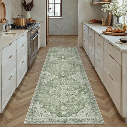 Green Runner Rug 2x8 Washable Vintage Long Carpet Low Pile Traditional Distressed Retro Accent Indoor Hallway Throw Rug Non Slip for Kitchen Laundry Bathroom Dining Room