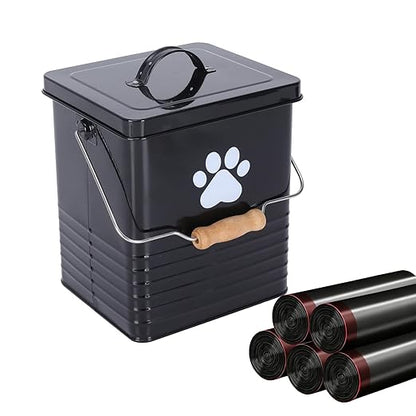 1.85Gal/7L Small Outdoor Trash Can with Lid, Metal Dog Poop Trash Can Outside, Dog Waste Container Bucket Handle(75 Trash Bags Included)-Black