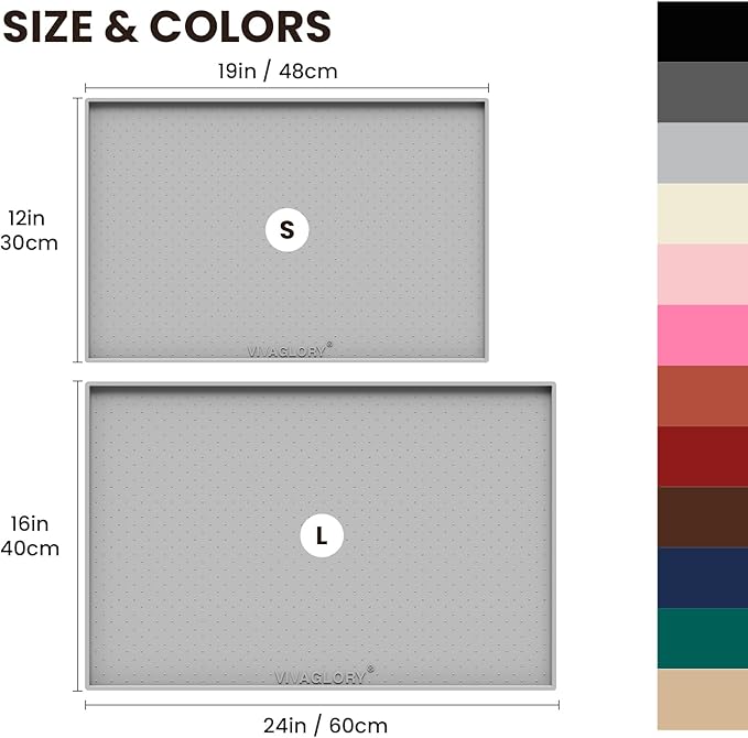VIVAGLORY Dog Bowl Mat Grippymat Pet Food Mat, Waterproof Washable Nonslip Silicone for Pet & Cat, Food and Water Placemat with Lip & Raised Edges for Indoor Floor, L, Light Grey