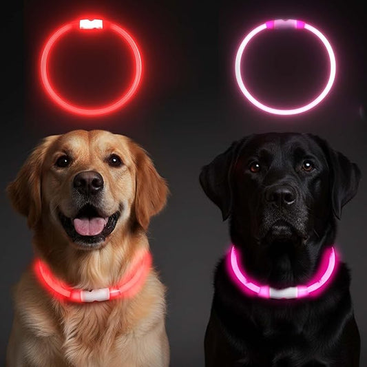 2-Pack Rechargeable Reflective Pet Gear LED Dog Collar Light Up, Flashing Glowing Illuminated Collar for Night Walking, Neon Pet Collar with Light for Small/Medium/Large Dogs (Pink&Red)