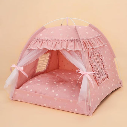 Selena Cat Bed Tents Dog House Indoor Outdoor Lace Mesh Breathable Windows Door Curtains Removable Portable Nest Teepe House (Medium,Pink(Ruffled Teim))